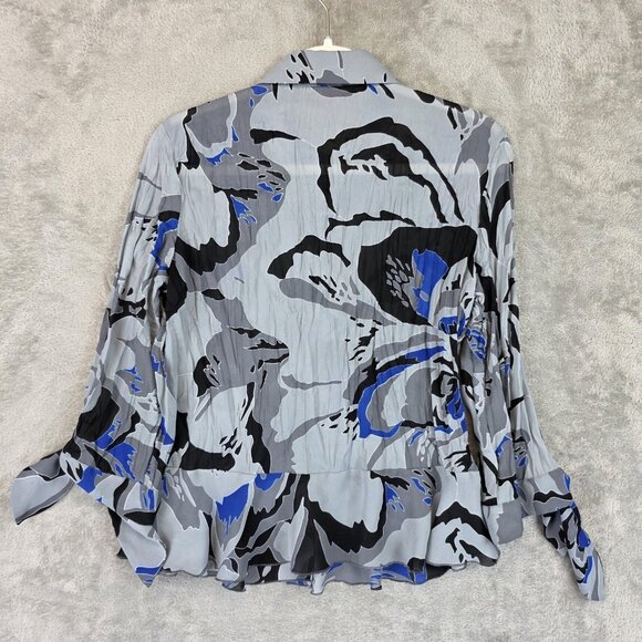 Sunny Leigh Shirt Womens Medium Gray Blue Abstract Pleated Button Front Blouse - Picture 8 of 8